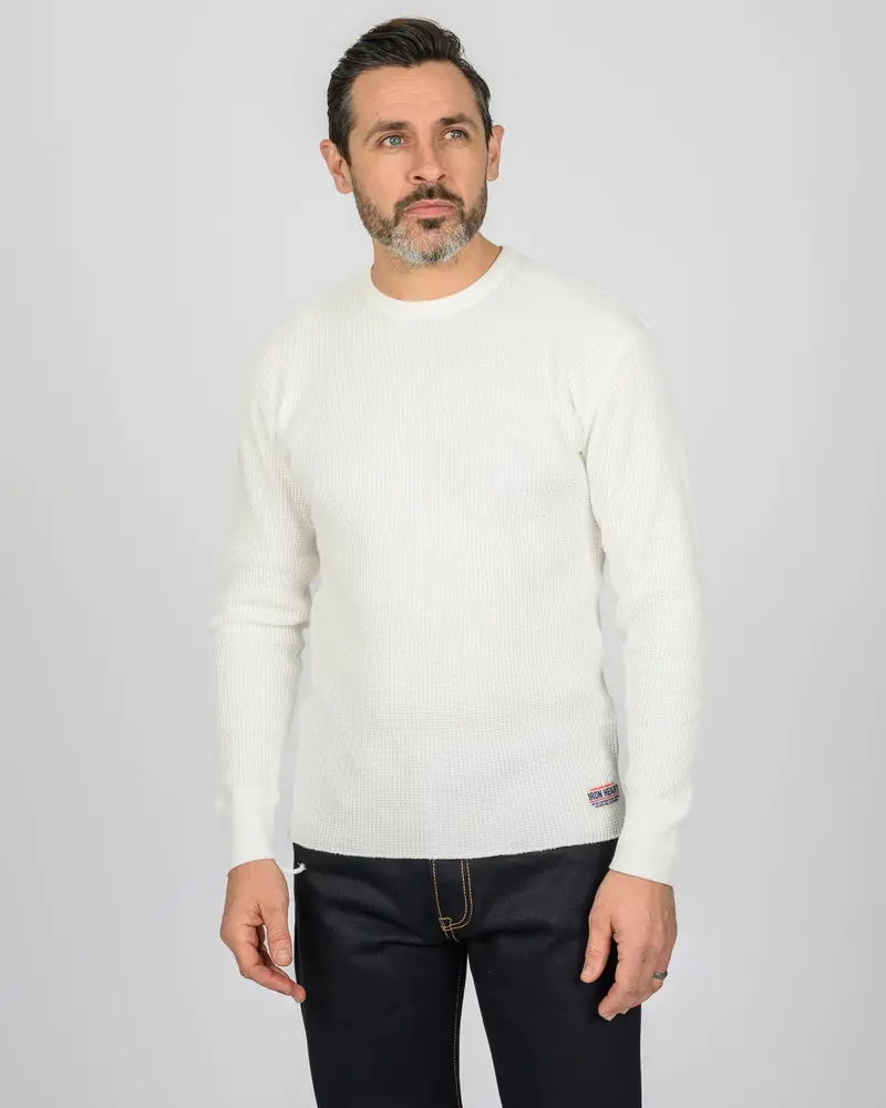 Waffle Knit Long Sleeved Crew Neck Thermal Top - White 2