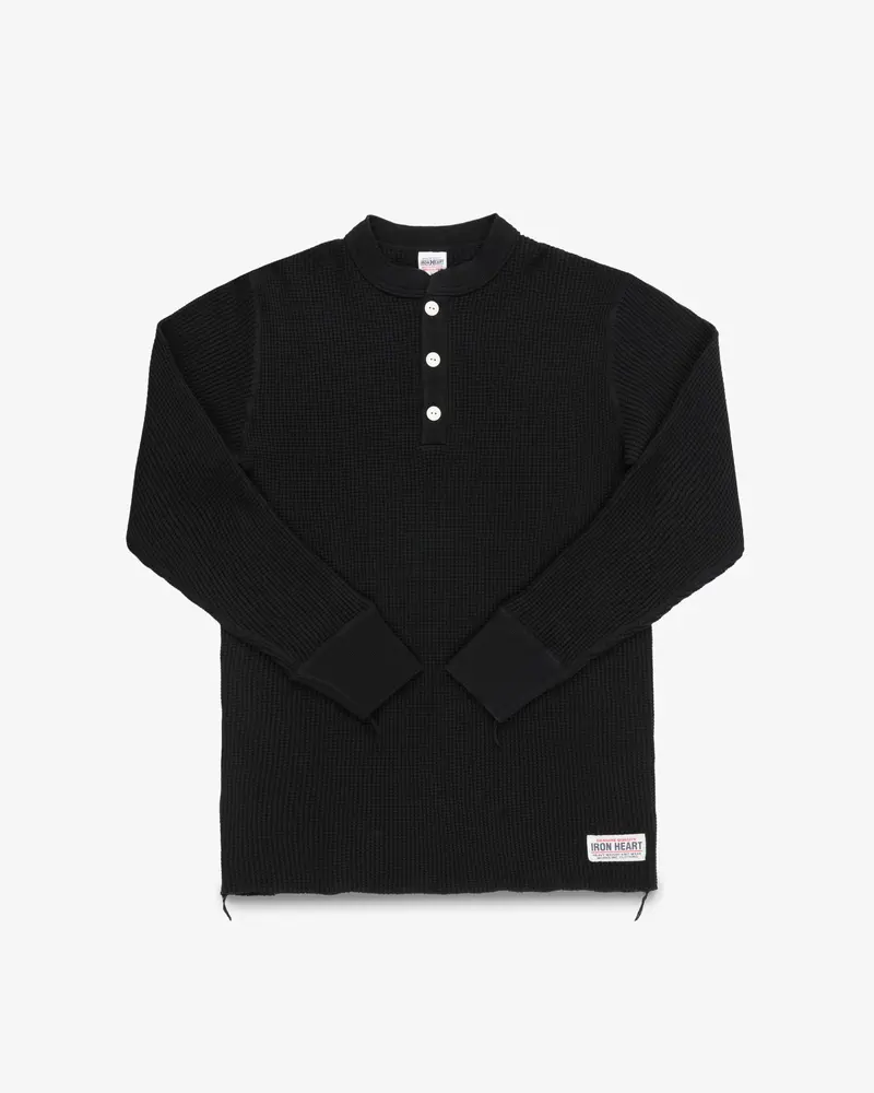 Waffle Knit Long Sleeved Thermal Henley - Black 1